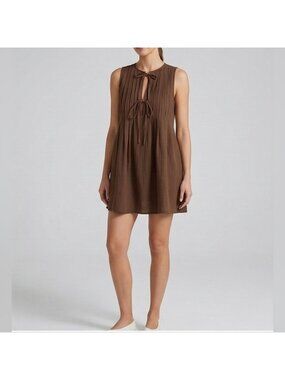 Earthy 100% Cotton Pleated Tie-Front Mini Dress Chocolate Brown